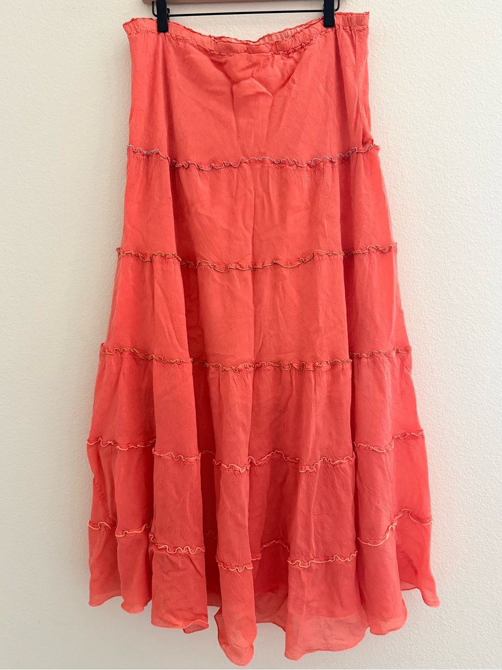Johnny Was Boho Elastic Waist Full Length Ruffle Skirt Coral Tiered Maxi